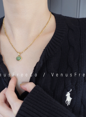 天然东陵玉!18k镀金高及感绿色宝石锁骨链项链单戴叠戴欧美日常