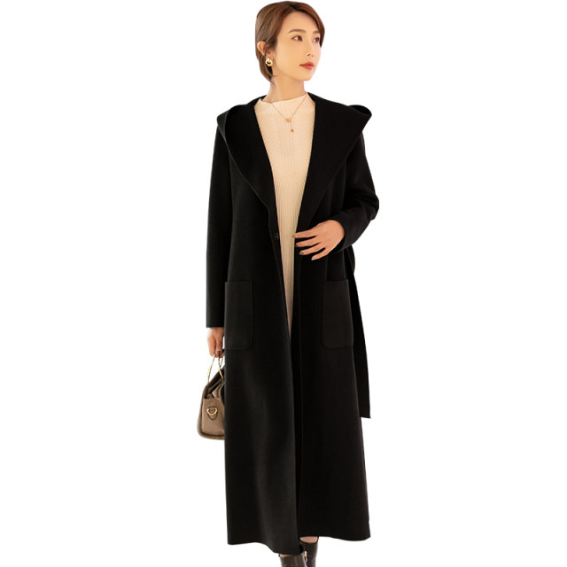 连帽双面绒外套2025春季新款赫本风宽松超长款羊毛呢子大衣女过膝