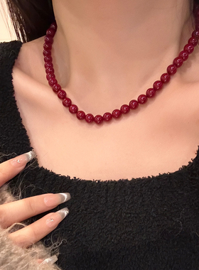 新中式红色珍珠串珠项链气质显白