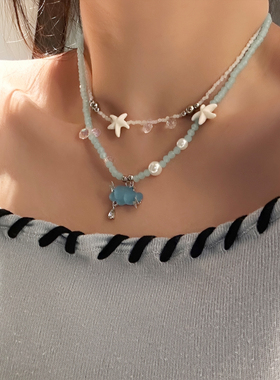 夏日多巴胺蓝色海星云朵串珠项链