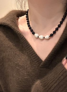 气质黑色串珠磁吸项链独特小众