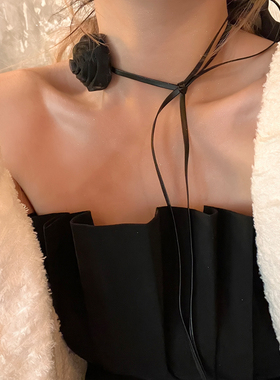 夏季度假风黑色网纱玫瑰花朵项链