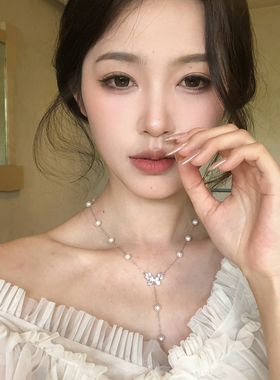 夏季满天星镶钻蝴蝶珍珠项链颈链