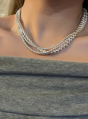 ins个性三层银色金属球项链