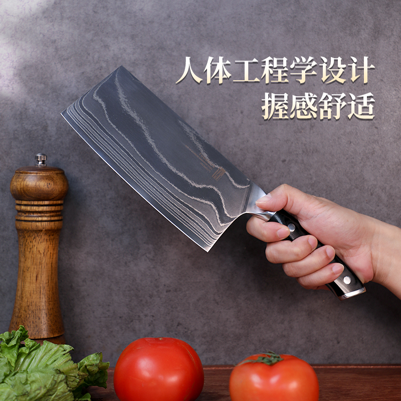 拓牌刀具颂系列菜刀日本进口大马士革钢厨刀中式切菜切肉刀花纹钢_虎窝淘