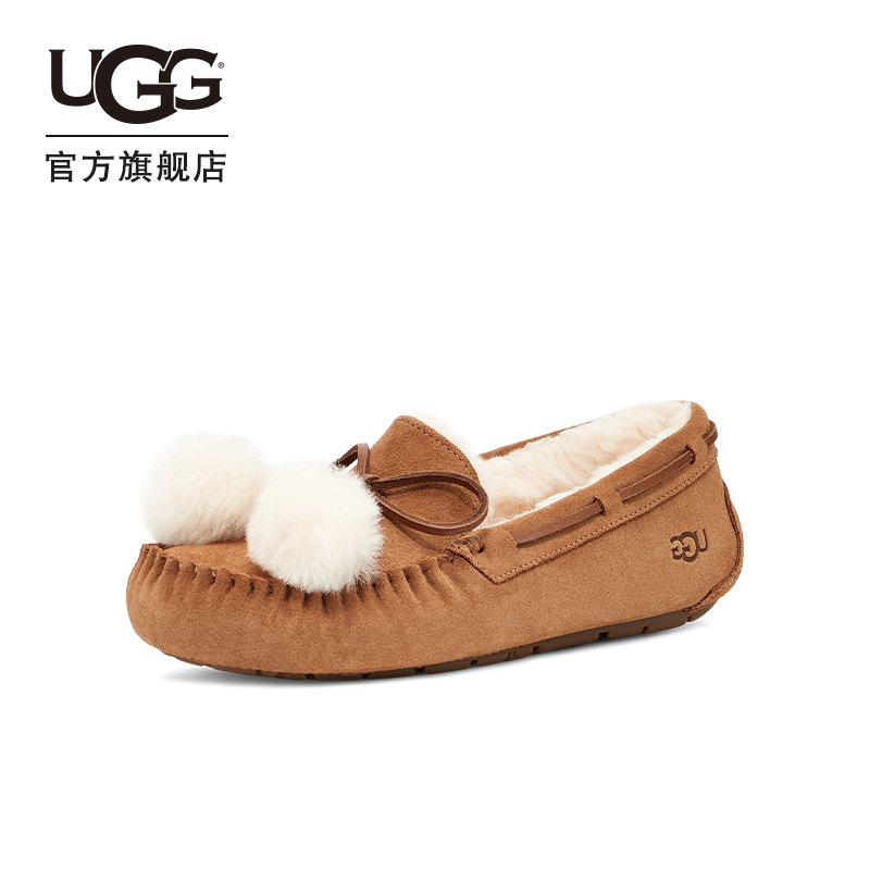 UGG2021秋冬新款女士便鞋软底蝴蝶结毛球毛单鞋豆豆鞋 1124030