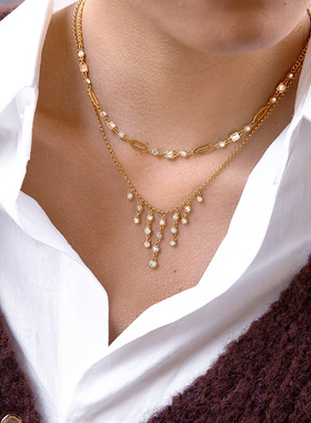 欧美水钻钛钢项链轻奢小众锁骨链叠戴不锈钢18k金色跨境饰品