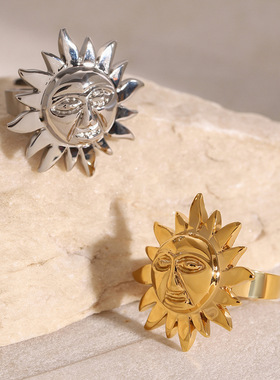 不锈钢夸张太阳花开口戒指感ins指环钛钢手饰品跨境rings