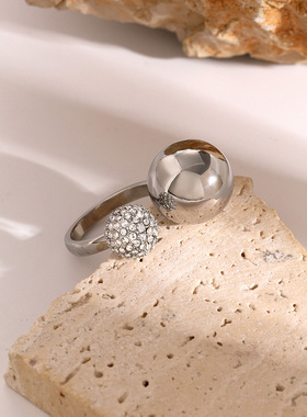 18k不锈钢水指女ins冷淡风不对称开口钢珠镶水钻开口戒指