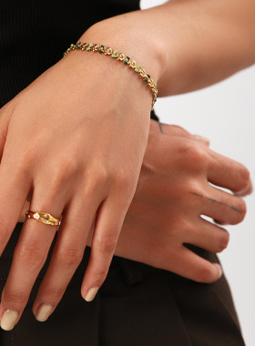 INS欧美女式新款手链18K金绿色滴油橄榄叶子不锈钢时尚风手链