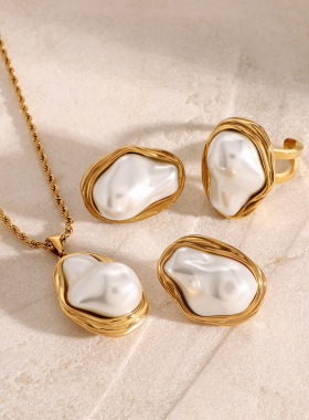 欧美不锈钢珍珠项链高级感耳钉夸张戒指18k金色钛钢饰品