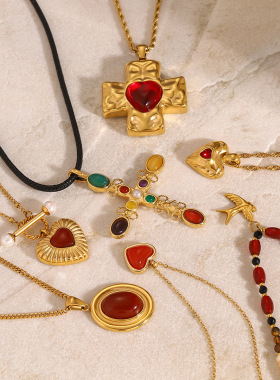 欧美不锈钢红玛瑙十字架项链爱心吊坠锁骨链钛钢颈链项饰跨境