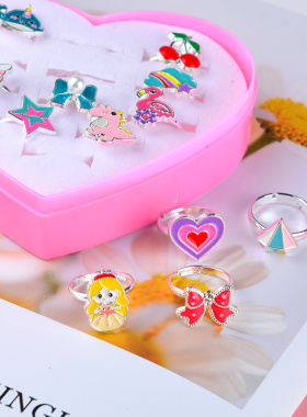 儿童戒指套装女甜美可爱钻石宝石卡通玩具戒指合金活口可调节礼物