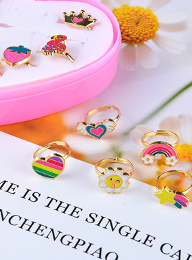 儿童戒指套装女甜美可爱钻石宝石卡通玩具戒指合金活口可调节礼物