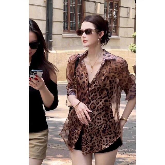 ເສື້ອຢືດ chiffon ປ້ອງກັນແສງແດດສູງ Leopard ບາງໆສໍາລັບແມ່ຍິງ
