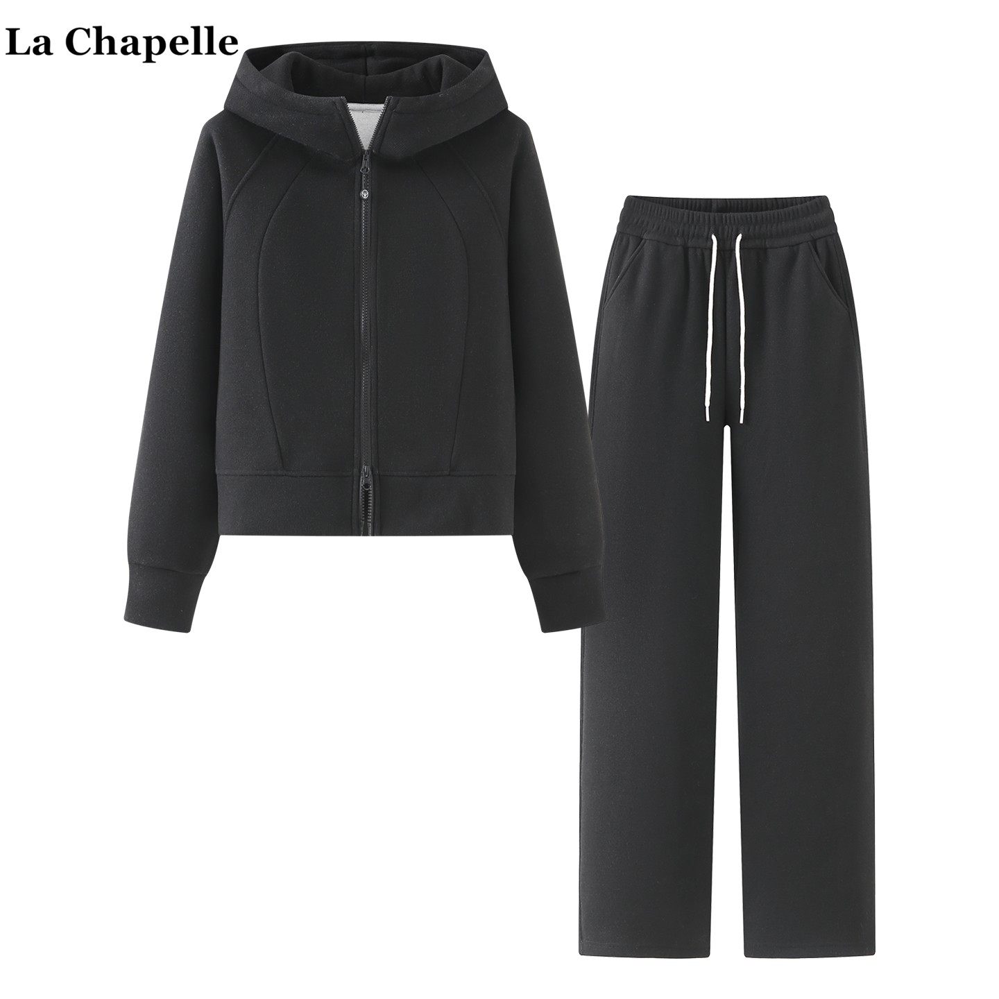 拉夏贝尔/La Chapelle慵懒风粉色连帽卫衣高腰阔腿裤休闲俩件套女,淘宝优惠券,粉丝福利购,淘宝优惠卷