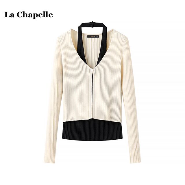 La Chapelle/La Chapelle Autumn Hot Girl Halter Fake Two-piece Knitted Sweater Women's Slim Top Bottoming Shirt