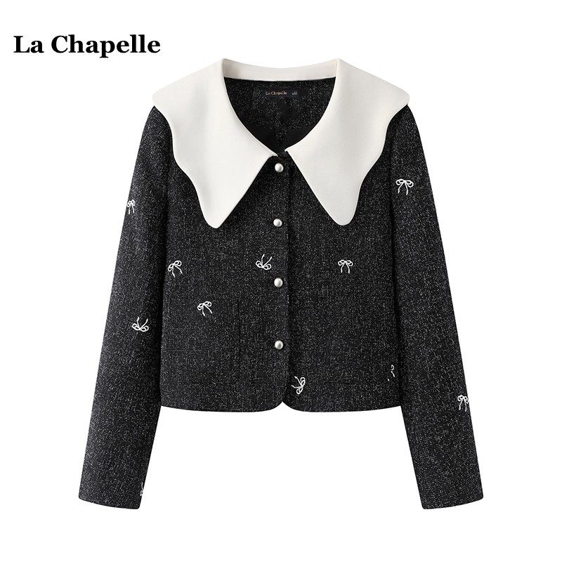 拉夏贝尔/La Chapelle蝴蝶结刺绣俩件套女小香风短外套半身裙套装,淘宝优惠券,粉丝福利购,淘宝优惠卷