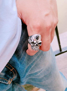vantichi925银骷髅男摇滚戒指