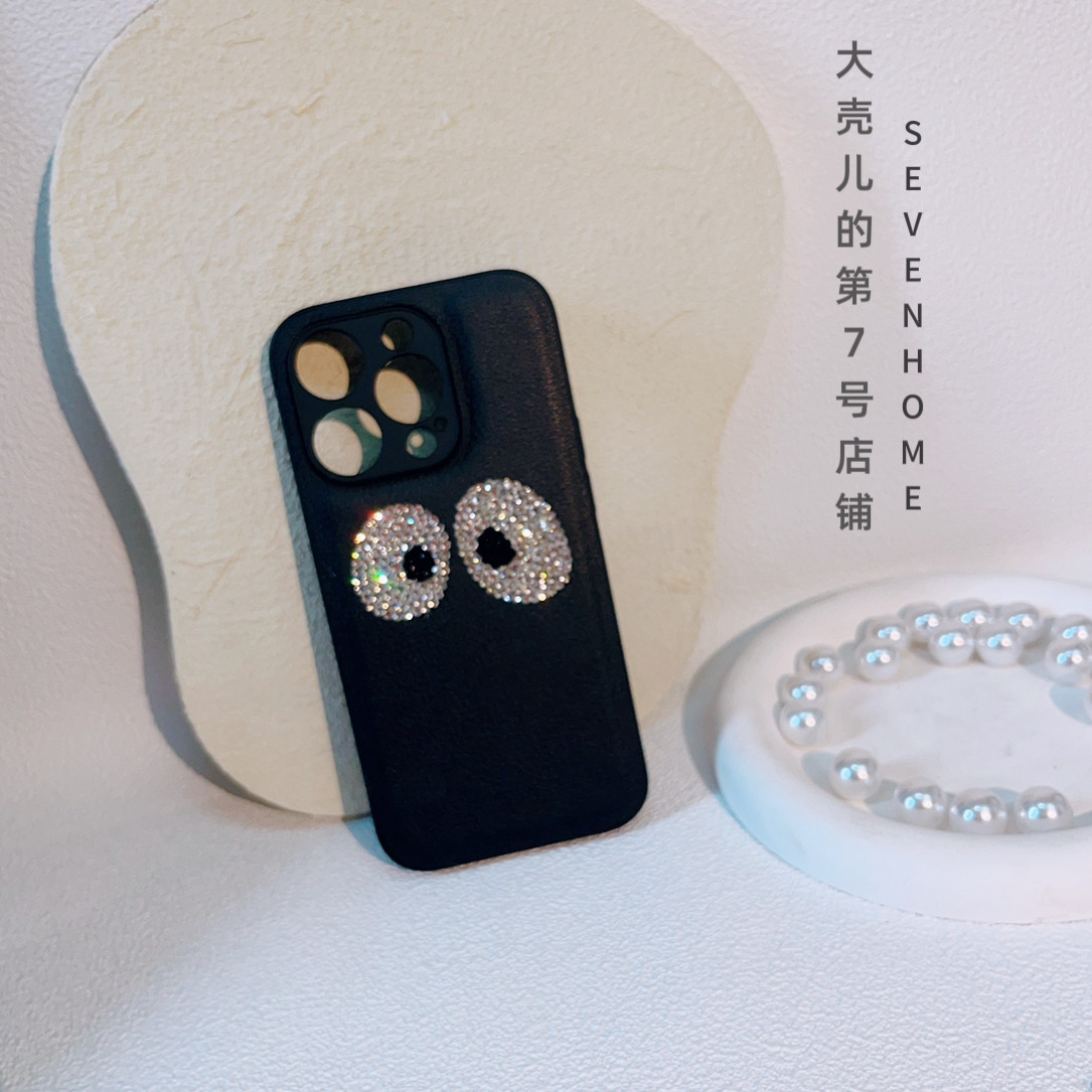 原创小众简约水钻呆萌大眼睛适用iphone14promax手机壳全包防摔高级感皮质新款苹果13保护套小红书网红同款12