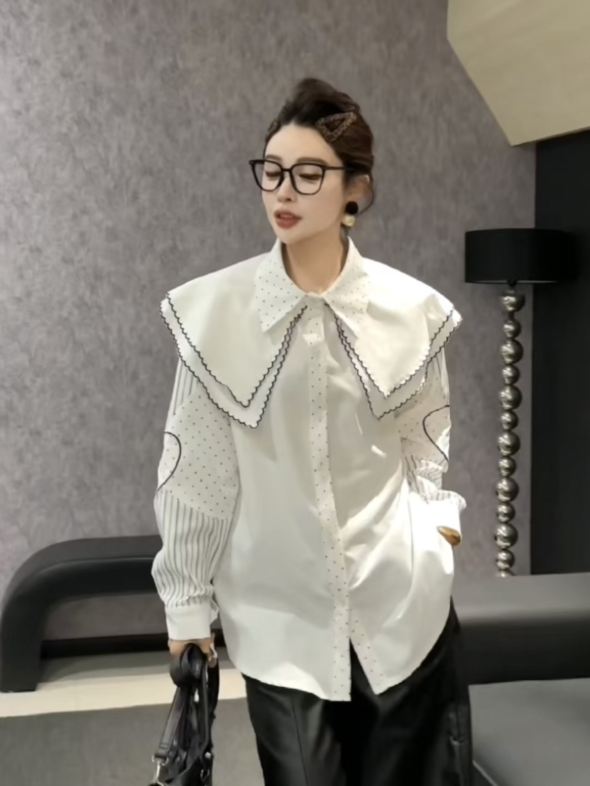 秋冬大码女装娃娃领波点衬衫女宽松显瘦减龄内搭外穿小众长袖上衣,淘宝优惠券,粉丝福利购,淘宝优惠卷