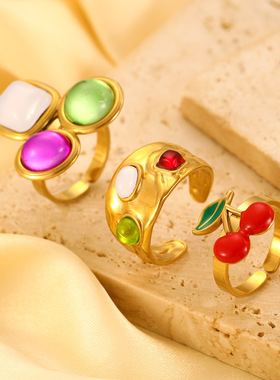 时尚复古甜美彩色宝石钛钢戒指