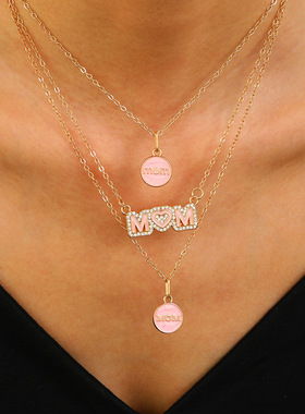 设计感粉色母亲节MOM多层项链