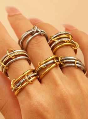 多层叠戴撞色镶钻工业风钛钢戒指