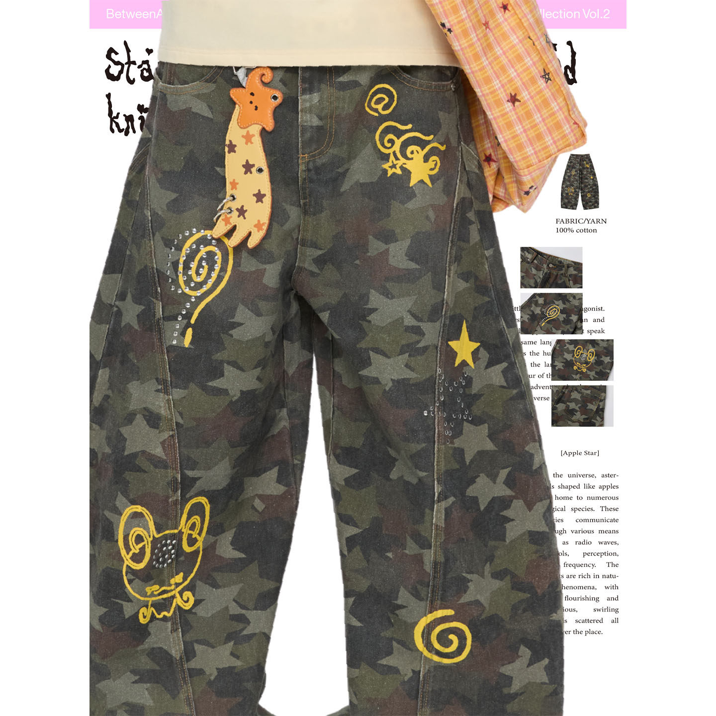 BETWEENAND 秋冬设计感星星烫珠迷彩裤重工宽松休闲裤长裤弯刀裤,淘宝优惠券,粉丝福利购,淘宝优惠卷