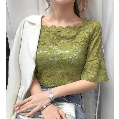 2023夏季新款名媛风气质性感蕾丝衫女镂空喇叭袖上衣圆领短袖T恤 - 图3