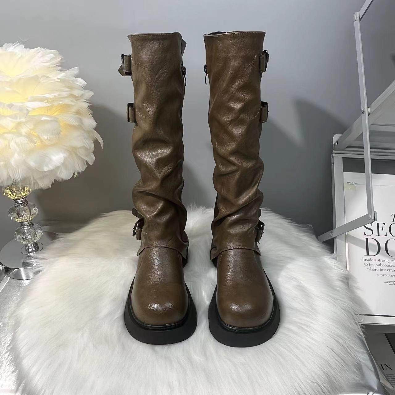 2025新款秋冬加绒棉鞋复古英伦风裤管靴女时尚百搭厚底高筒骑士靴,淘宝优惠券,粉丝福利购,淘宝优惠卷