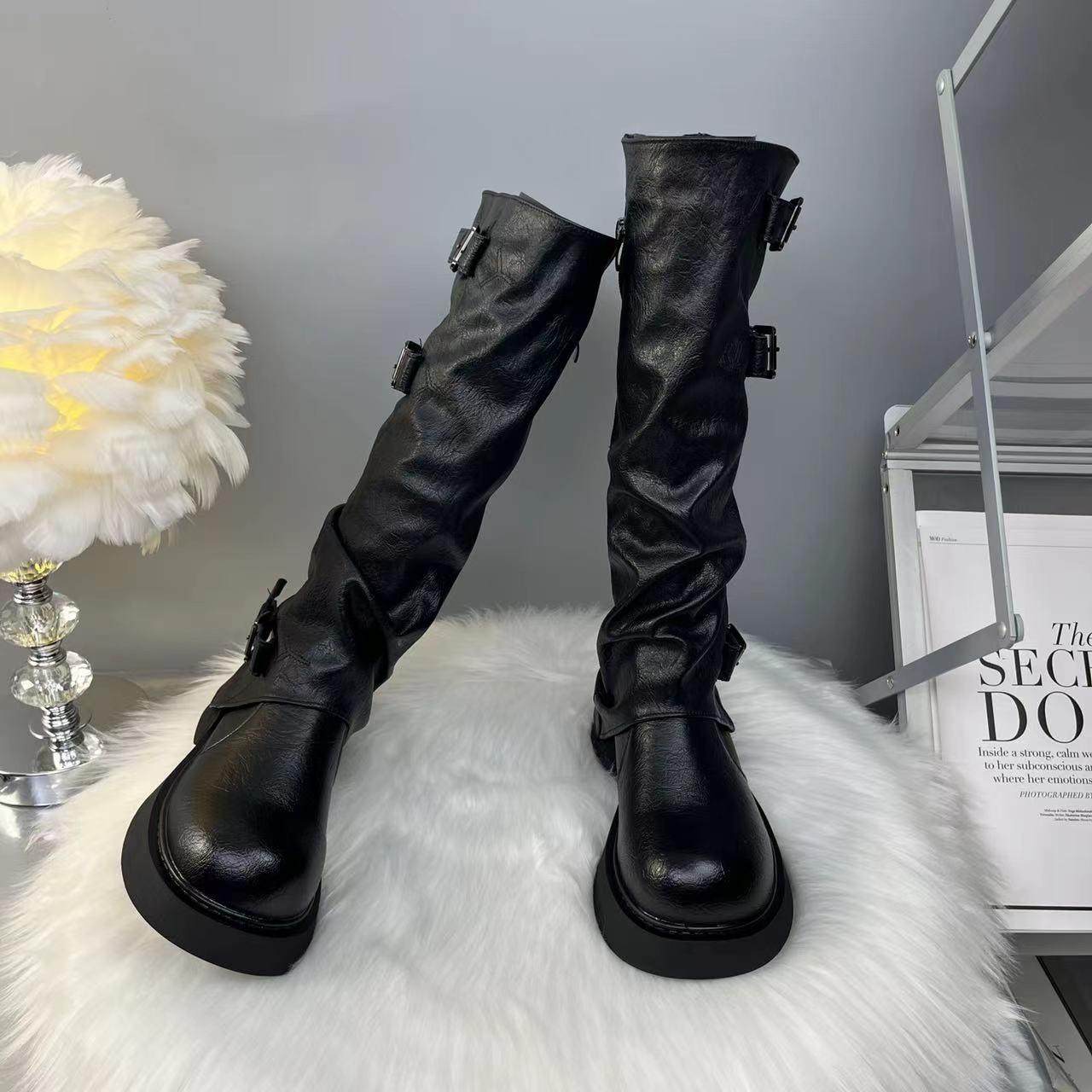 2025新款秋冬加绒棉鞋复古英伦风裤管靴女时尚百搭厚底高筒骑士靴,淘宝优惠券,粉丝福利购,淘宝优惠卷