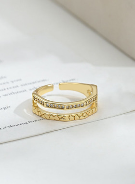 复古锆石个性开口可调节戒指女小众设计感几何食指戒ins风指环潮