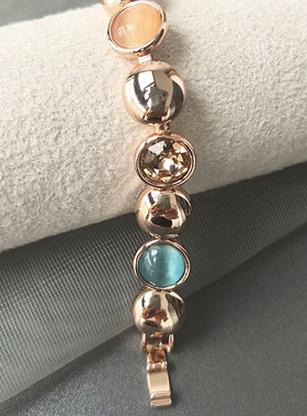 威妮华欧美风夸张几何圆形猫眼石手链夏季时尚气质玫瑰金水晶手镯