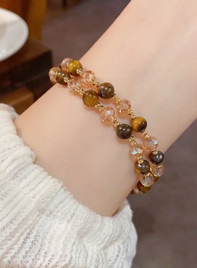 复古气质时尚轻奢简约双层串珠手链新款红色虎眼石闺蜜手镯礼物女