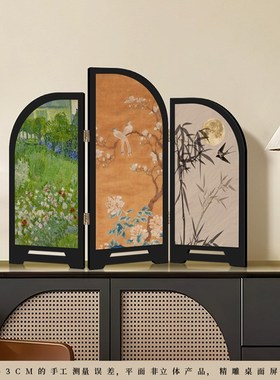 中古风墨竹花鸟小屏风客厅桌面摆件装饰品覆古艺术玄关电视柜摆画