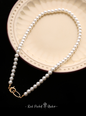 红口袋仿珍珠灰色简约高级锁骨链