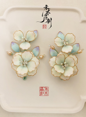 非遗绒花白山茶手工掐丝珍珠发夹