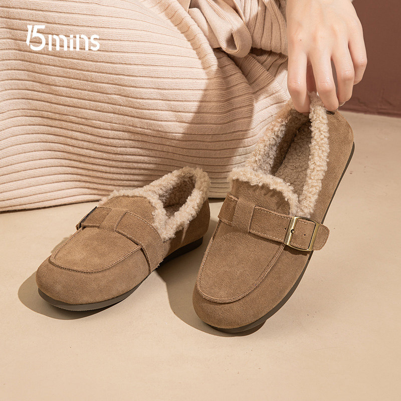 15mins毛毛鞋女秋冬外穿2025年新款加绒加厚保暖棉鞋平底勃肯鞋子