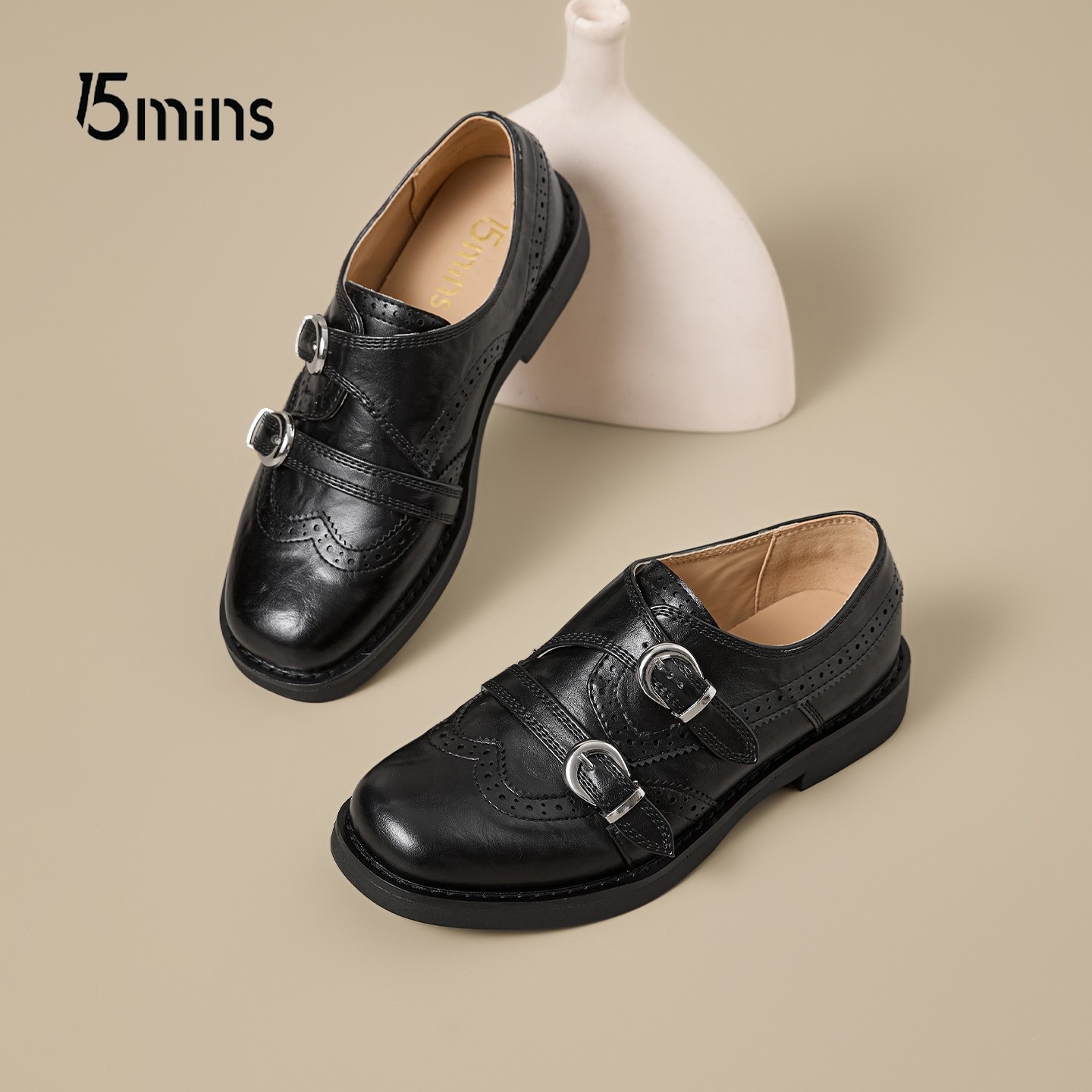 15mins英伦风复古雕花小皮鞋女2026新款黑色双扣带乐福鞋百搭单鞋,淘宝优惠券,粉丝福利购,淘宝优惠卷