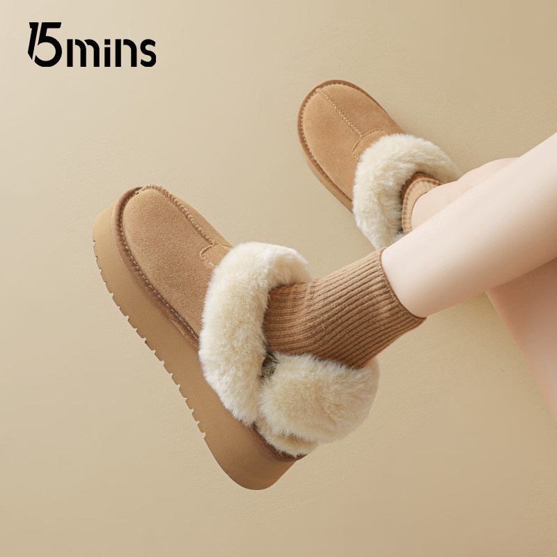 15mins厚底勃肯雪地靴女2025新款冬季加绒保暖棉鞋一脚蹬面包鞋子