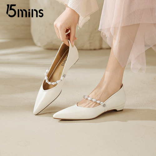 15mins法式尖头一字带平底单鞋钻饰通勤百搭气质舒适软底优雅女鞋 - 图1
