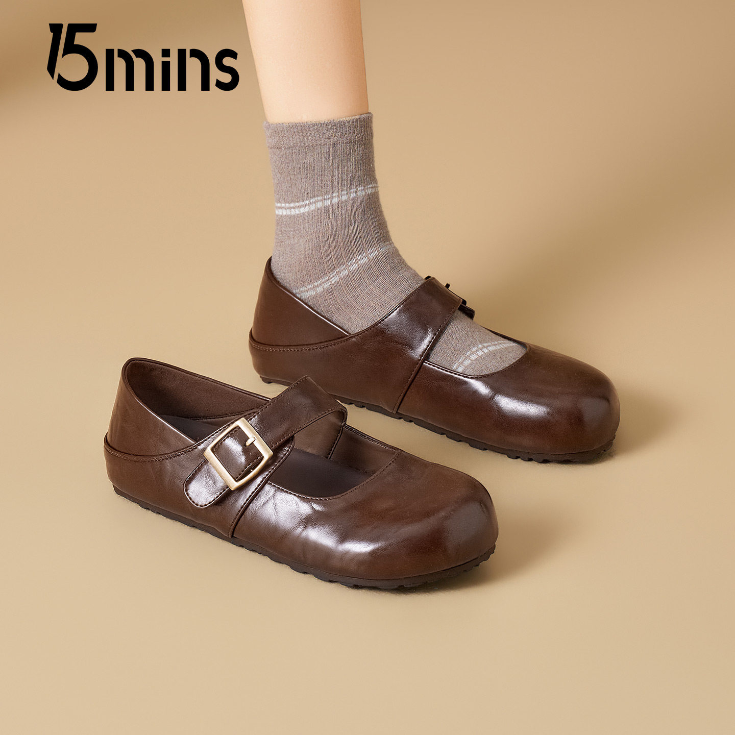 15mins复古风玛丽珍女2026春夏新款平底一字扣带棕色皮质浅口单鞋,淘宝优惠券,粉丝福利购,淘宝优惠卷