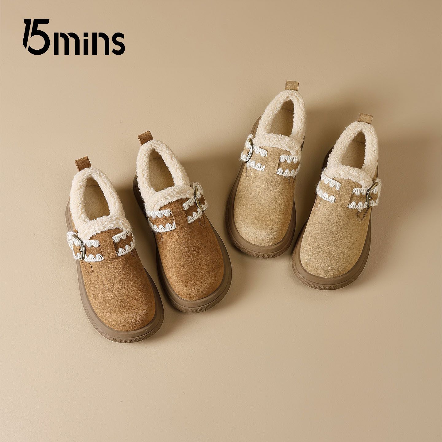 15mins时尚舒适加绒勃肯鞋女2025新款冬季厚底增高雪地靴休闲棉鞋,淘宝优惠券,粉丝福利购,淘宝优惠卷