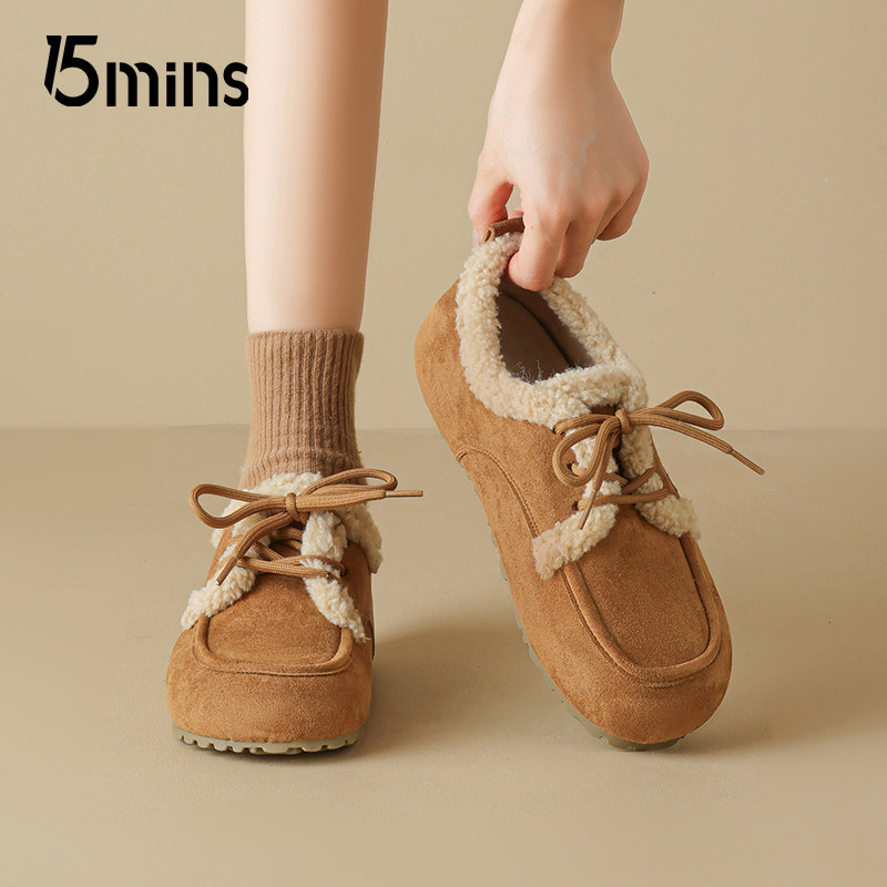 15mins羊羔毛系带勃肯鞋女2025新款冬季平底加绒保暖乐福鞋棉鞋潮