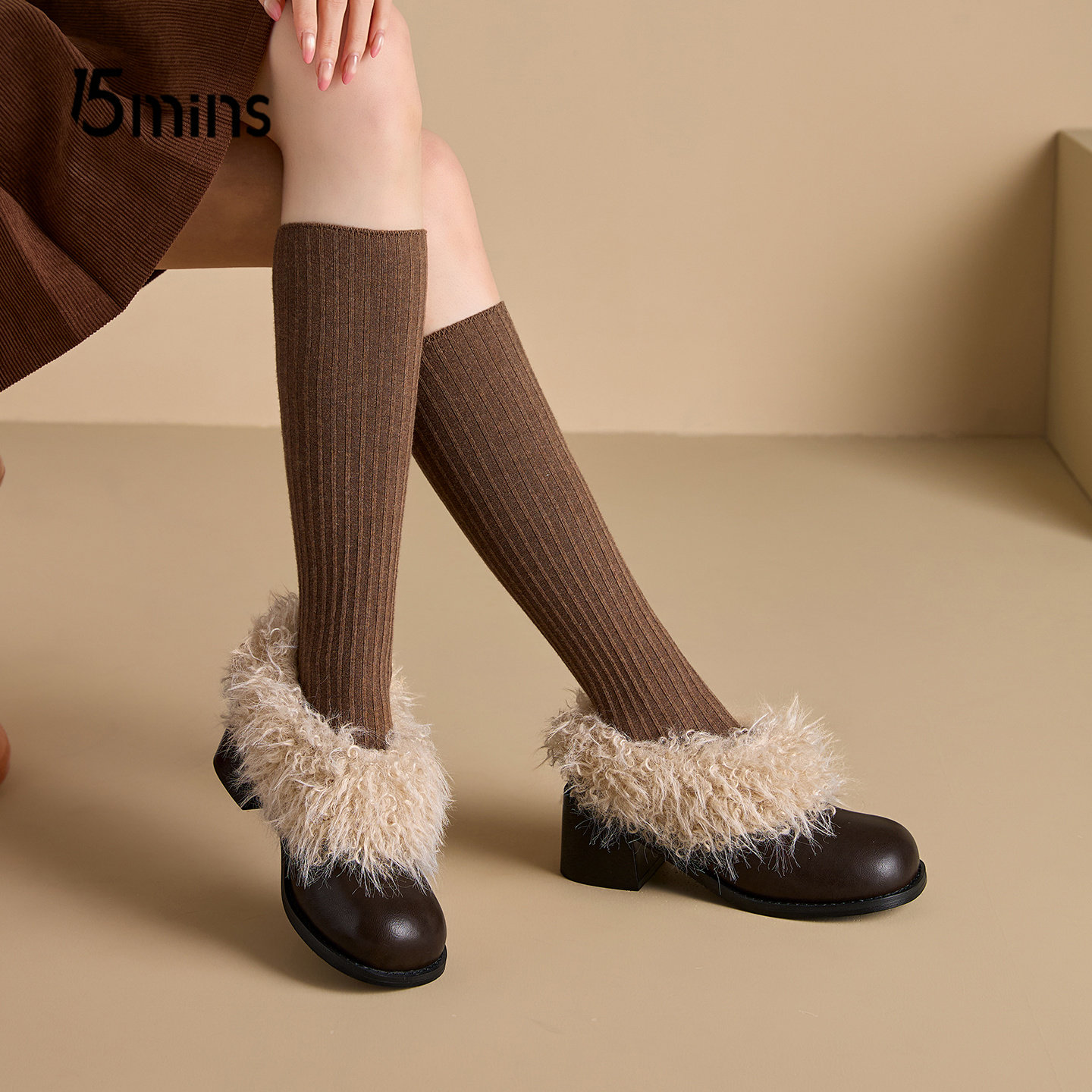 15mins方头毛毛鞋女一脚蹬复古加绒保暖玛丽珍小皮鞋棉鞋粗跟单鞋,淘宝优惠券,粉丝福利购,淘宝优惠卷