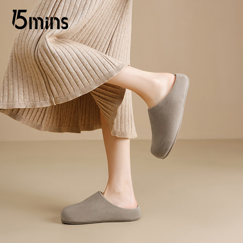 15mins加绒勃肯鞋女包头半拖懒人鞋2025秋冬舒适软底外穿保暖鞋子 - 图3