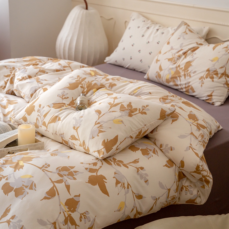 A类针织棉印花四件套天竺棉全棉裸睡床单纯棉床笠田园小碎花被套 - 图1