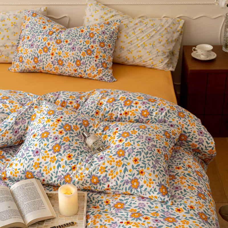 A类针织棉印花四件套天竺棉全棉裸睡床单纯棉床笠田园小碎花被套 - 图0