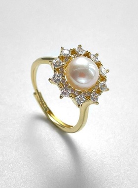 戴拉925银淡水珍珠时尚花朵戒指